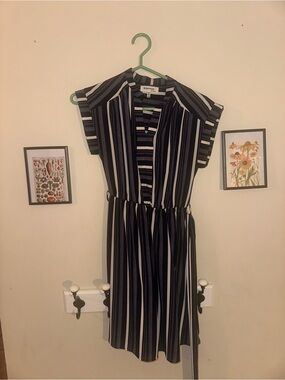 Monteau Black & White Striped Short Sleeve Midi Dress